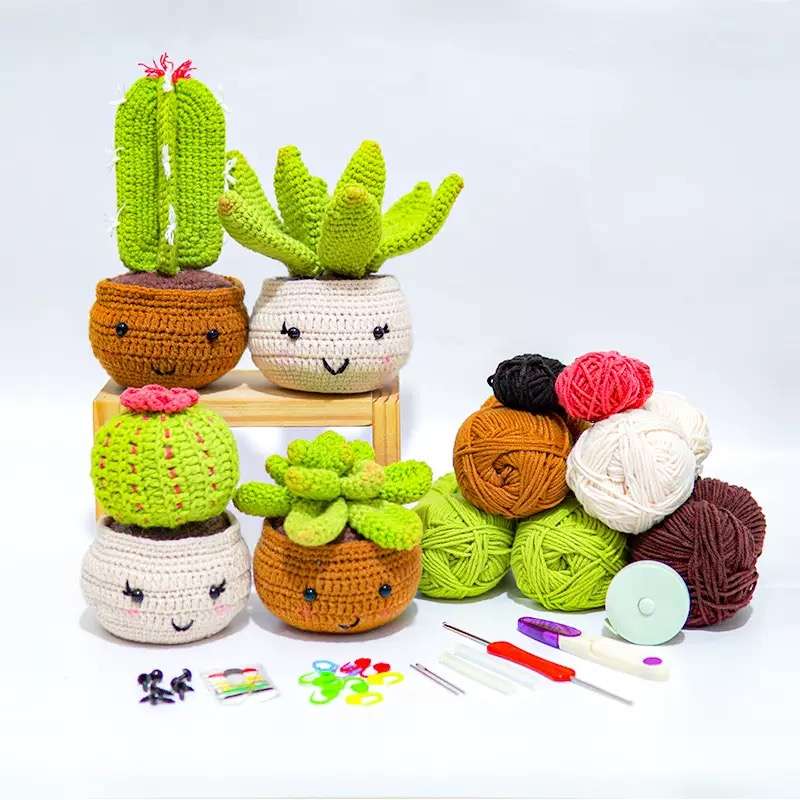 Crochet knitting craft DIY kit -4 pcs succulent cactus plant pot ornament with video tutorials