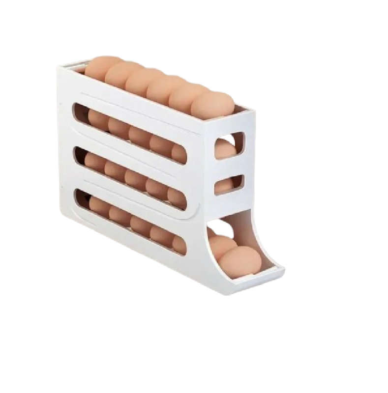 Automatic Rolling Egg Holder Storage Rack Large Capacity, Space-Saving - White
