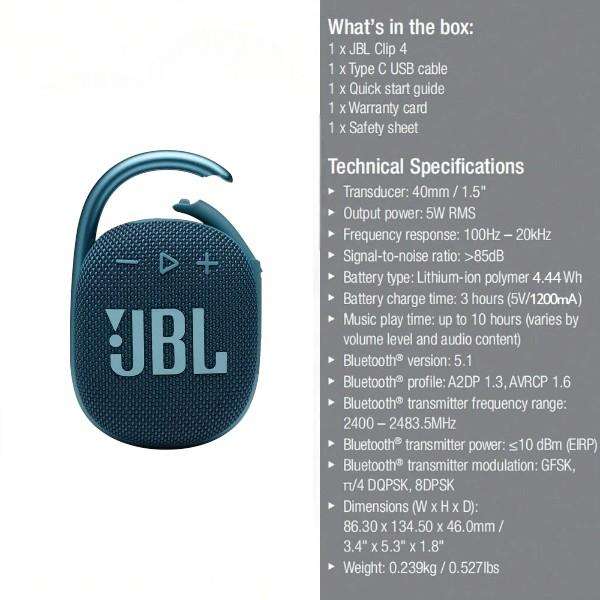 JBL - Clip4 - Portable Wireless Bluetooth Speaker - Blue