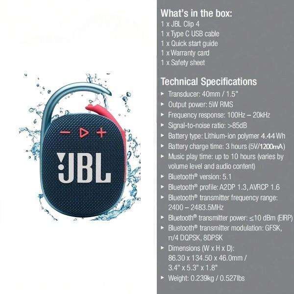JBL - Clip4 - Portable Wireless Bluetooth Speaker - Blue/Pink