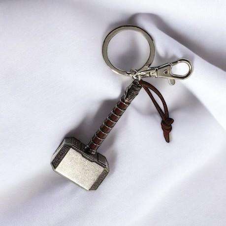 Thor Mjolnir Hammer Keychain - Silver/Brown