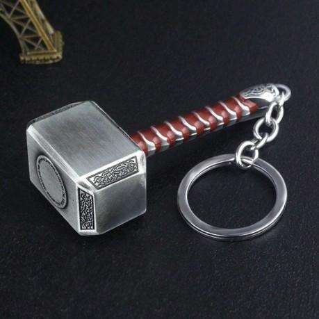 Marvel Inspired Superhero Thor Mjolnir Hammer Keychain - Silver/Brown