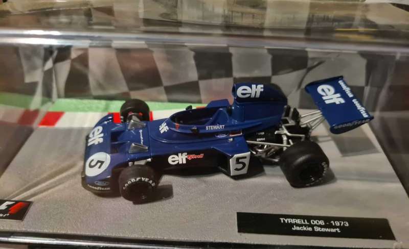 1:43 scale model of the Tyrrell 006, a Formula One car driven by Jackie Stewart in 1973