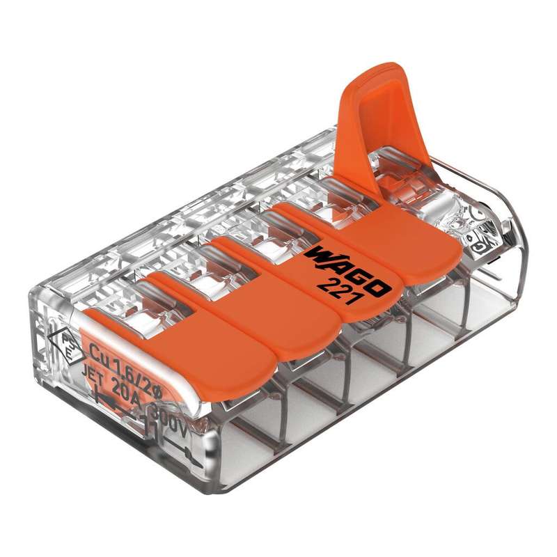 WAGO Compact Splicing Connector with levers (5-Way, All conductor types, Box Qty: 25 Piece)