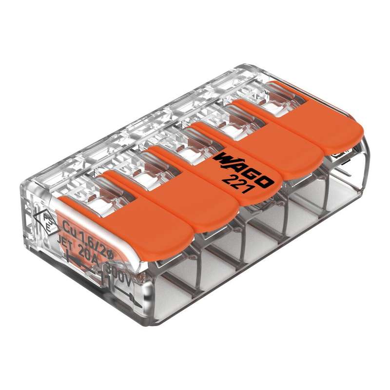 WAGO Compact Splicing Connector with levers (5-Way, All conductor types, Box Qty: 25 Piece)