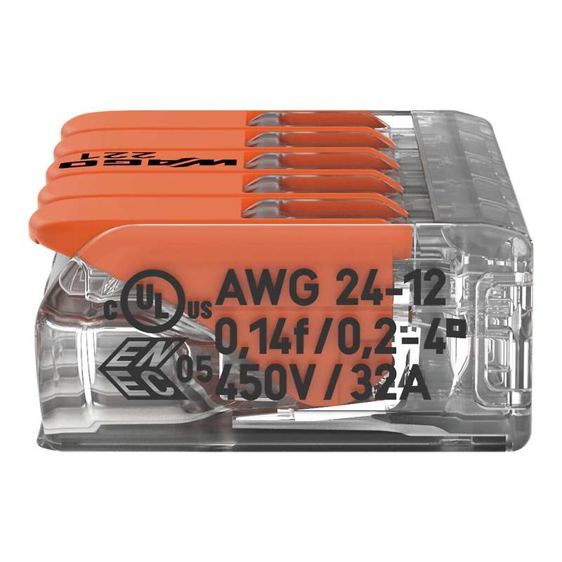 WAGO Compact Splicing Connector with levers (5-Way, All conductor types, Box Qty: 25 Piece)