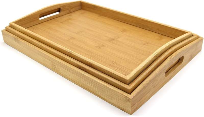 Set of 3 Bamboo Serving Tray with Cut Out Handles