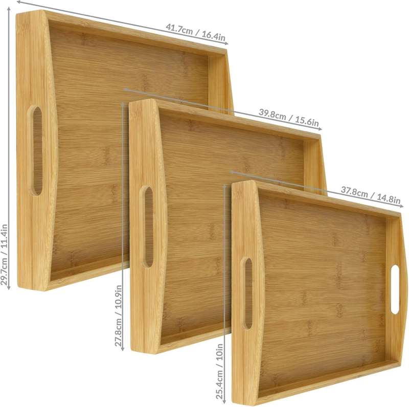 Set of 3 Bamboo Serving Tray with Cut Out Handles