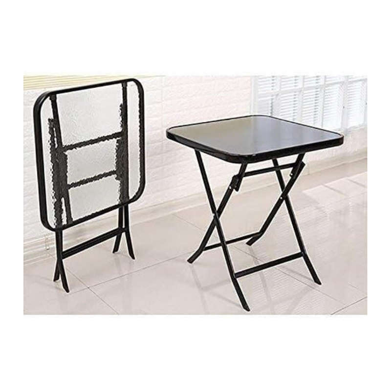 Folding Iron Glass Table - Compact Square Table for Home, Patio, Camping