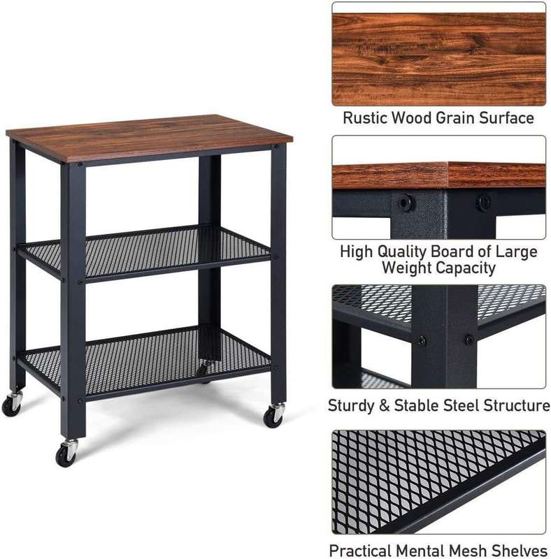 3 Tier Black Metal Foldable Storage Trolley Utility Trolley Serving Cart
