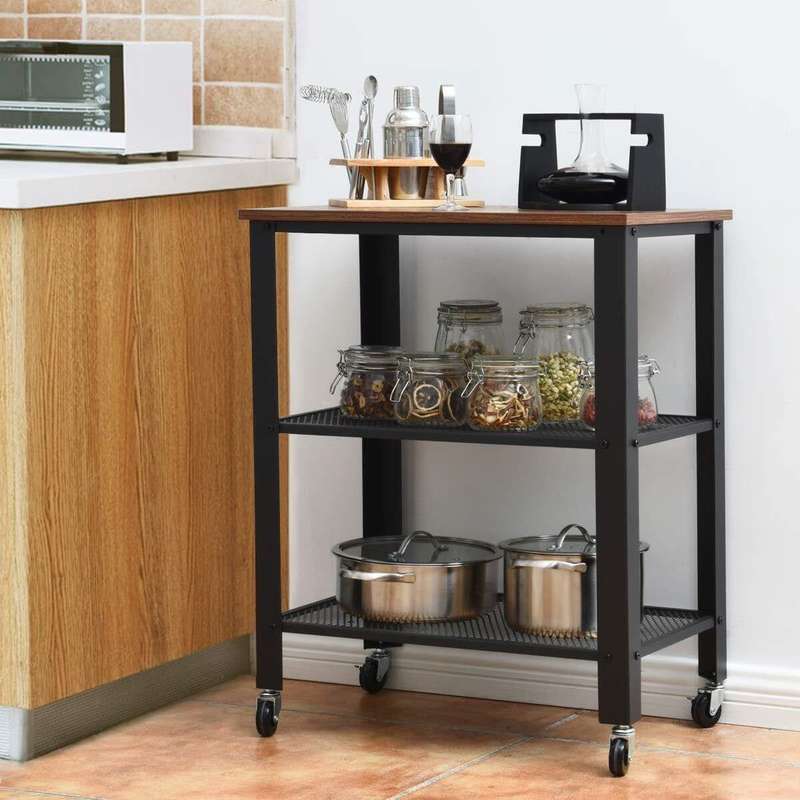 3 Tier Black Metal Foldable Storage Trolley Utility Trolley Serving Cart