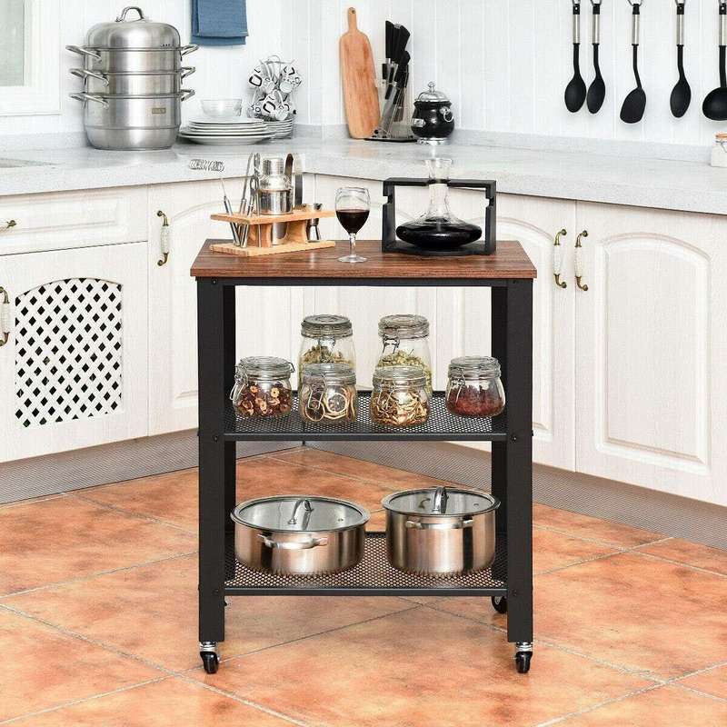 3 Tier Black Metal Foldable Storage Trolley Utility Trolley Serving Cart
