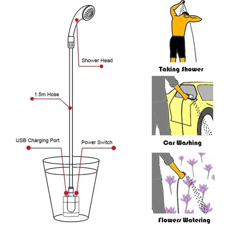 USB Rechargeable Shower Portable Camping Shower Head Bathing 3.7V Pump
