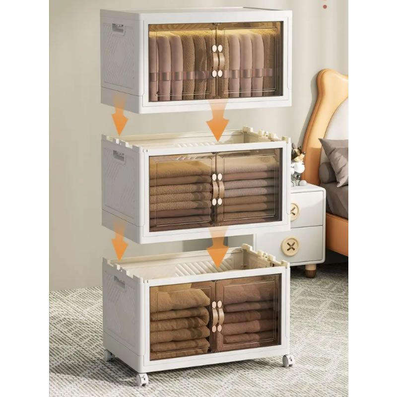 3-Layer Multi-Functional Stackable Storage Cabinet with Wheels  Foldable, Transparent Doors & Mobil