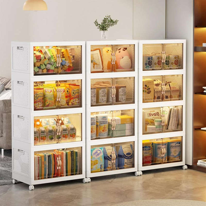 3-Layer Multi-Functional Stackable Storage Cabinet with Wheels  Foldable, Transparent Doors & Mobil