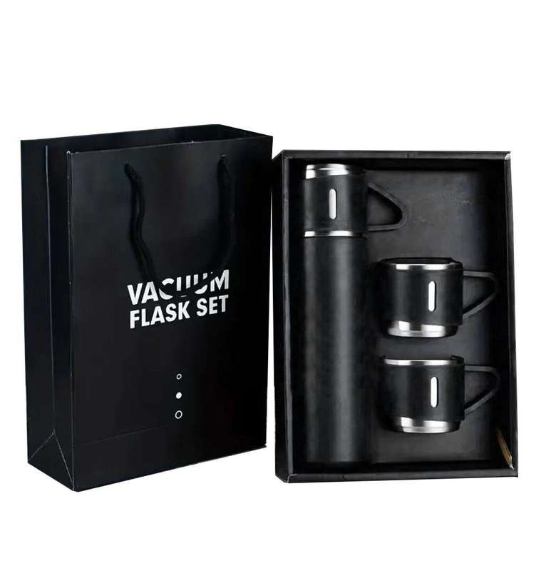 350ml Stainless Steel Double Wall Vacuum Flask & 3 x 125ml Cups with Gift Box