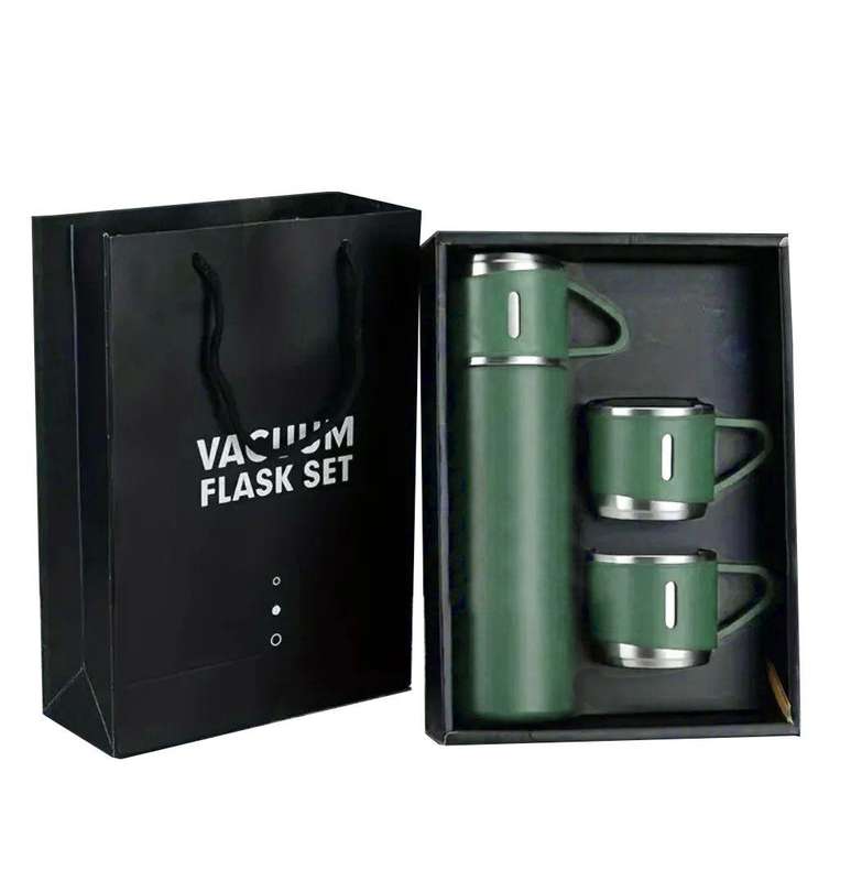 350ml Stainless Steel Double Wall Vacuum Flask & 3 x 125ml Cups with Gift Box
