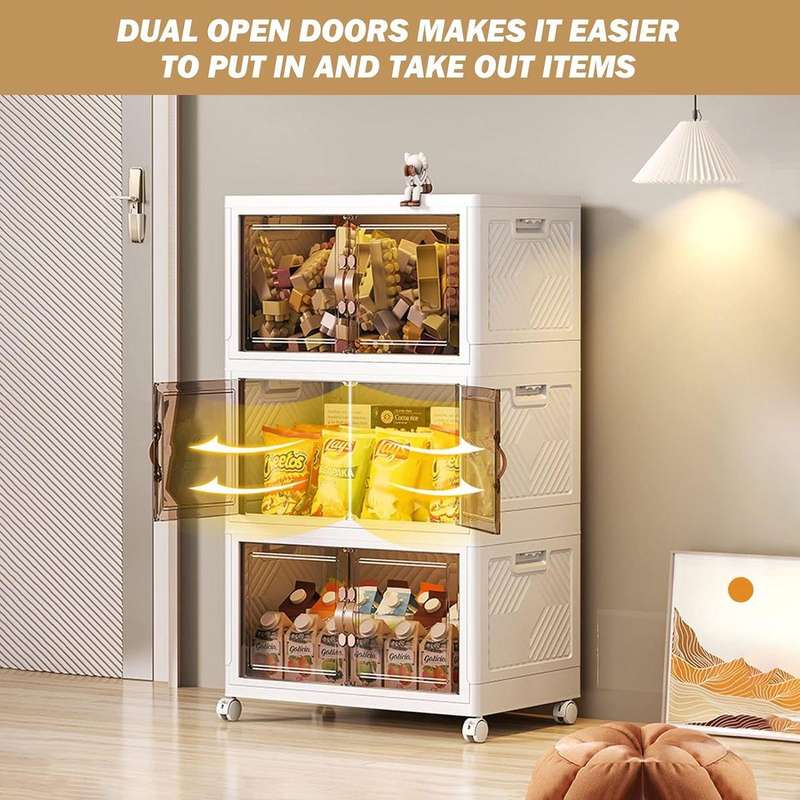3-Layer Multi-Functional Stackable Storage Cabinet with Wheels  Foldable, Transparent Doors & Mobil