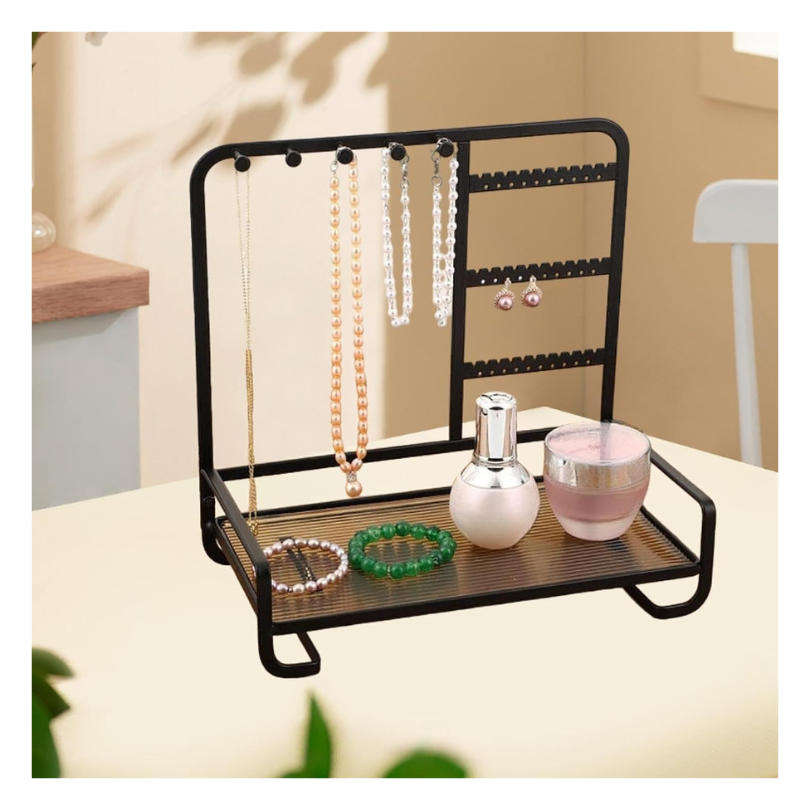 Sleek Metal Jewelry Stand with Tray for Necklaces and Rings - Black