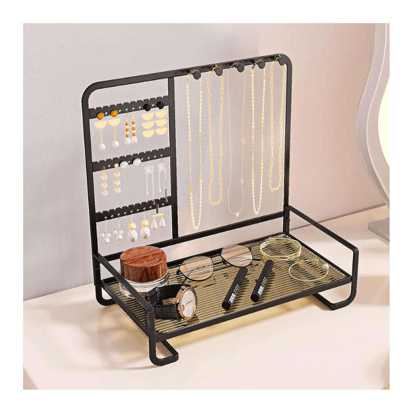 Sleek Metal Jewelry Stand with Tray for Necklaces and Rings - Black