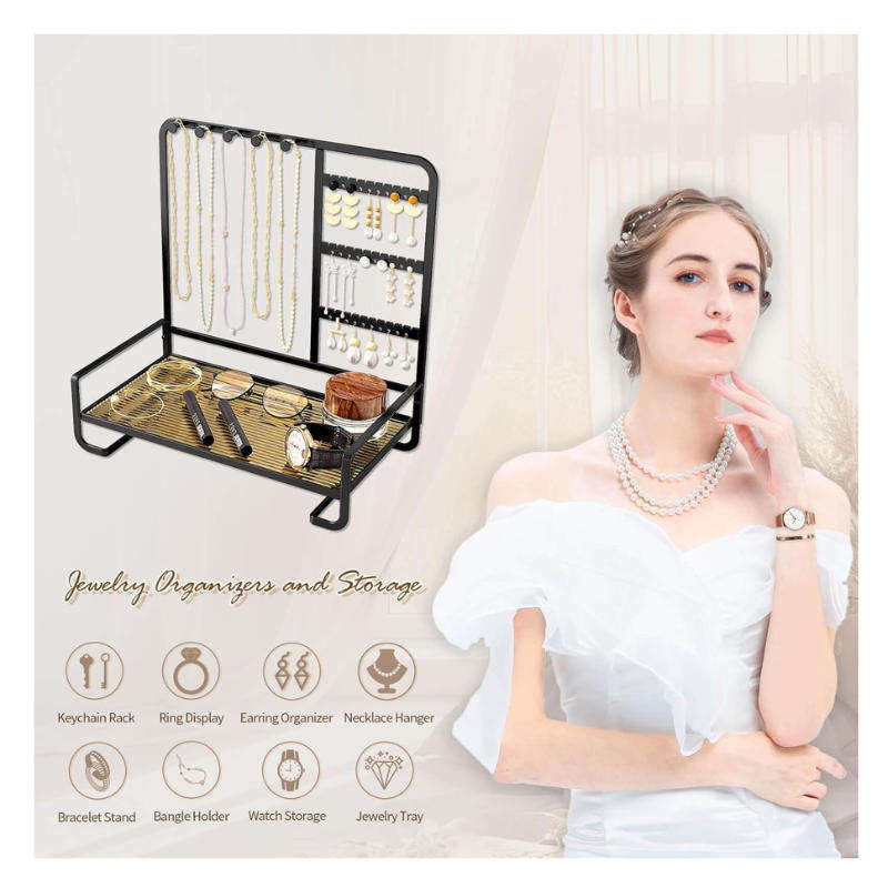 Sleek Metal Jewelry Stand with Tray for Necklaces and Rings - Black
