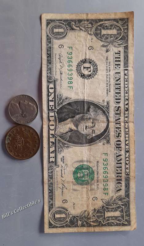 1981 Amercan 1 Dollar Bill , 1961 5cents and Token  1 BID Takes All