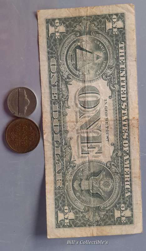1981 Amercan 1 Dollar Bill , 1961 5cents and Token  1 BID Takes All