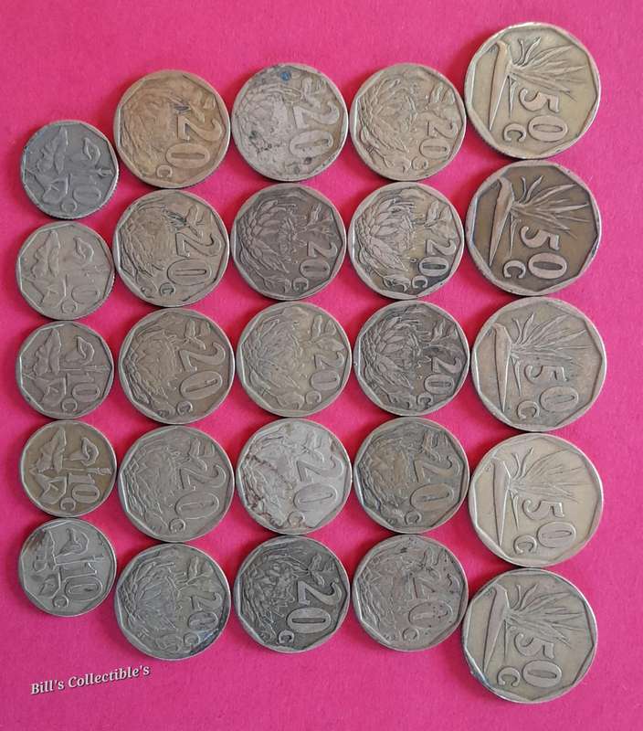 25 COINS South African 50,20 & 10 Cents Lot from the 90's . 1 bid Takes All. 1 error 20cent