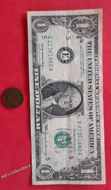 1969 1 Dollar Note & 1905 Indian Head 1 Cent Coin . 1 BID Takes All