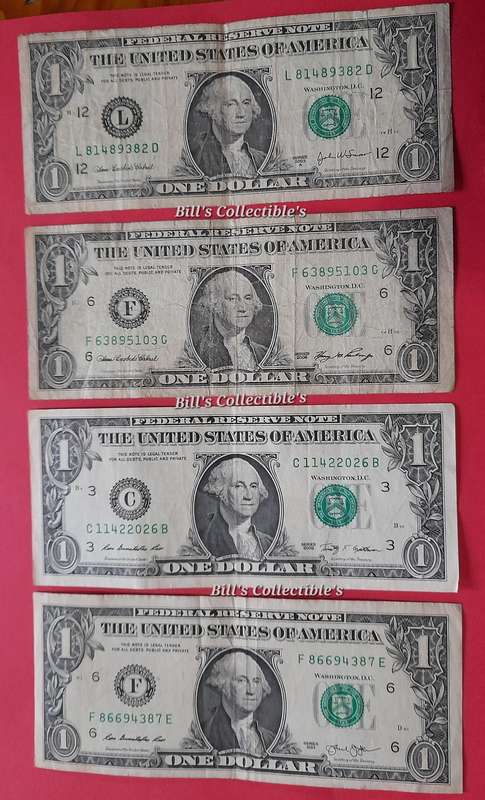4 X American 1 Dollar Bill Banknotes . 1 BID Takes All.