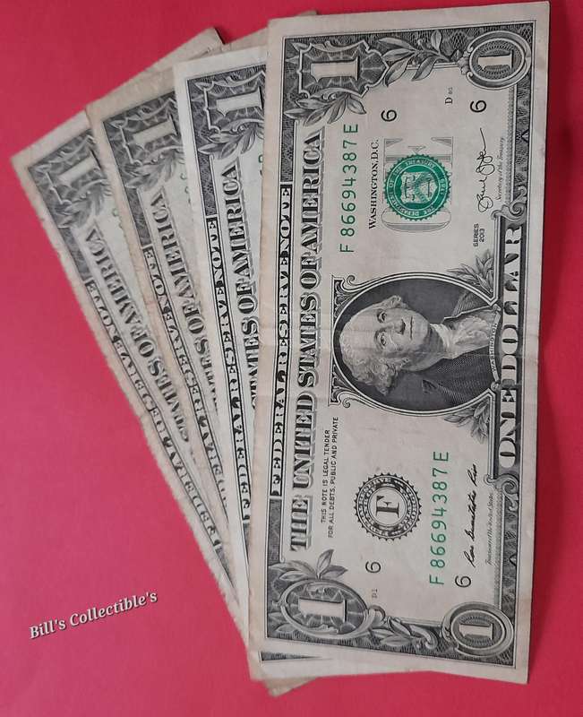 4 X American 1 Dollar Bill Banknotes . 1 BID Takes All.