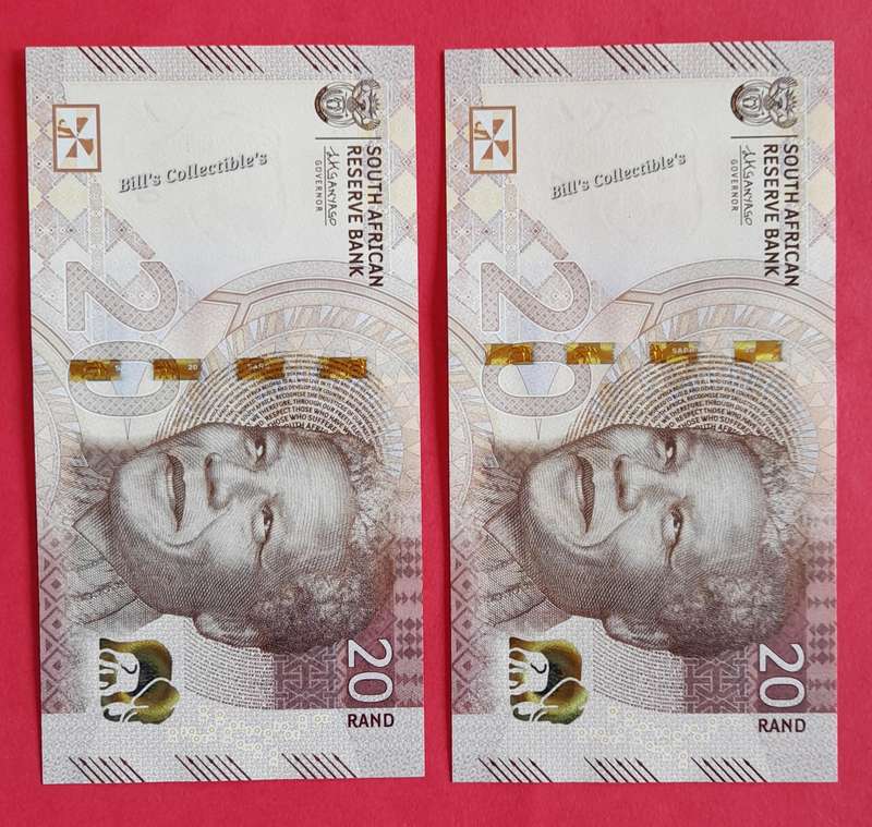 Uncirculated L Kganyago South African R20 Notes in Sequence. 1 BID Takes All
