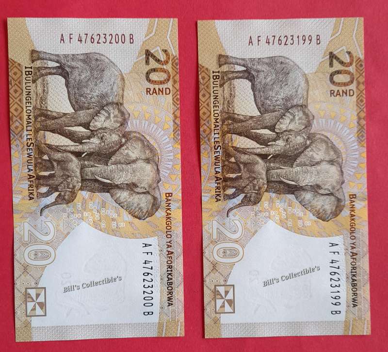 Uncirculated L Kganyago South African R20 Notes in Sequence. 1 BID Takes All