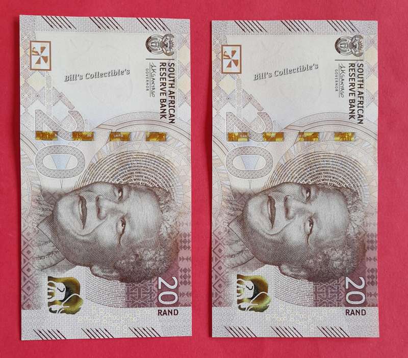 Uncirculated L Kganyago South African R20 Notes in Sequence. 1 BID Takes All