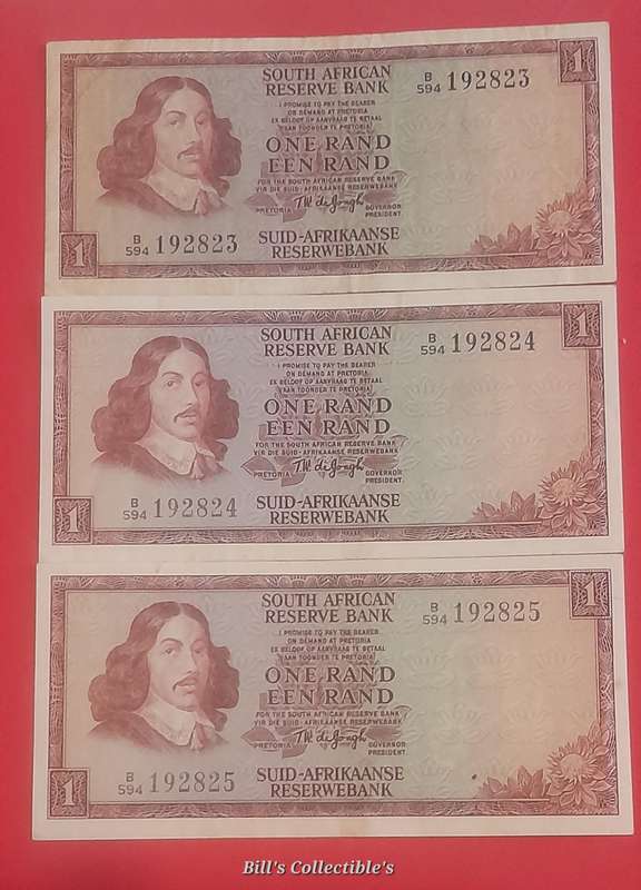 South Africa TW de Jongh R1 Banknotes in Sequence.  1 bid Takes All