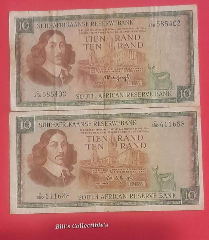 South African TW de Jongh R10 Banknotes . 1 bid Takes All.