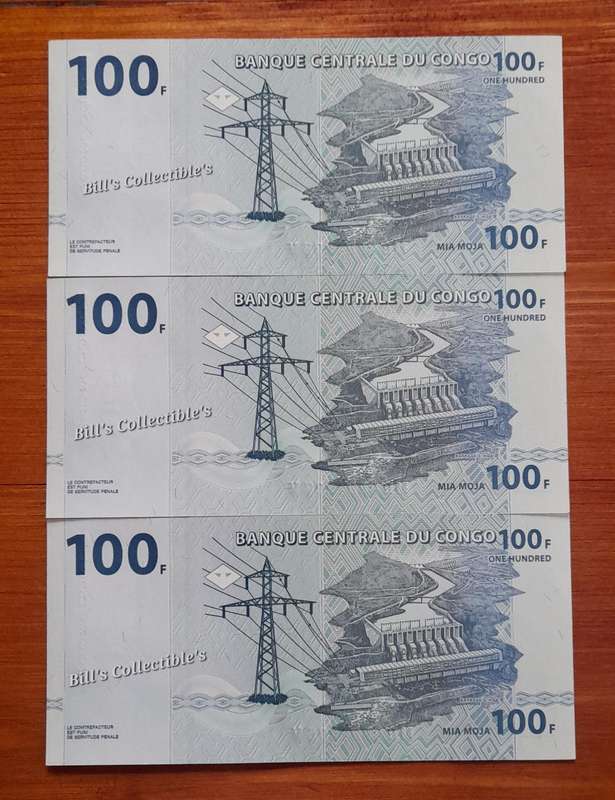 Uncirculated Republic of Congo 100 Francs X3 Banknotes in Sequence.