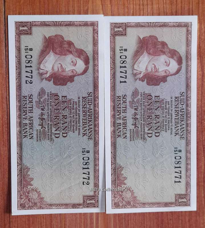 AU South African TW de Jongh R1 Banknotes in Sequence.