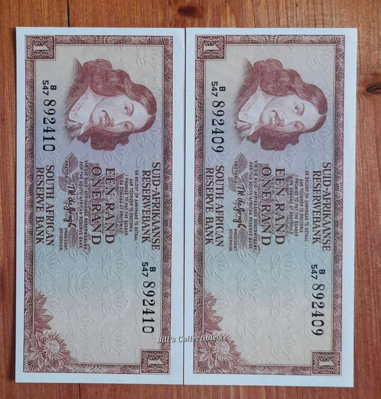 AU South African TW de Jongh R1 Banknotes in Sequence.