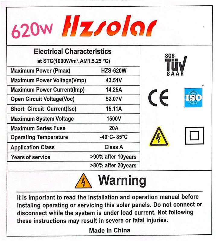 HZ Solar 620w mono solar panel