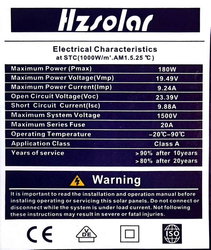 Hz Solar 180w mono solar panel