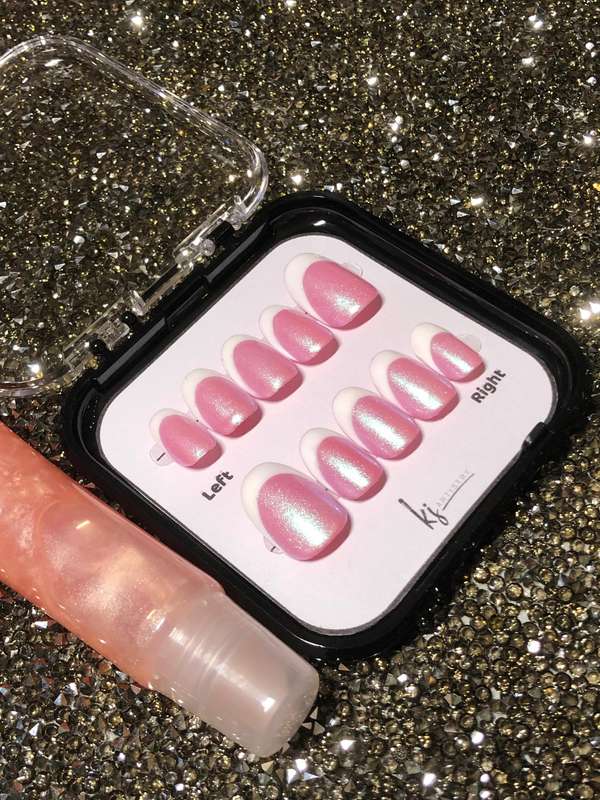 Pearlescent Pink & White French Tip Press-On Nails + Matching Lip Gloss