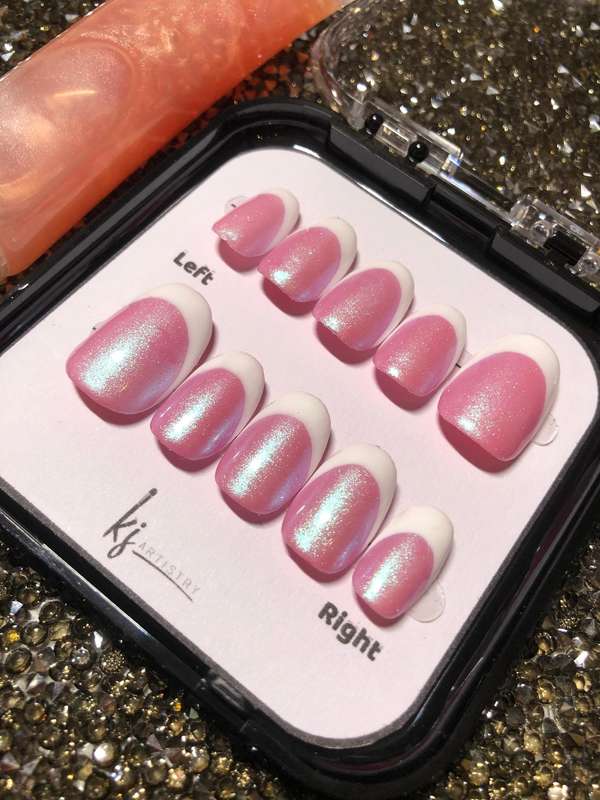 Pearlescent Pink & White French Tip Press-On Nails + Matching Lip Gloss