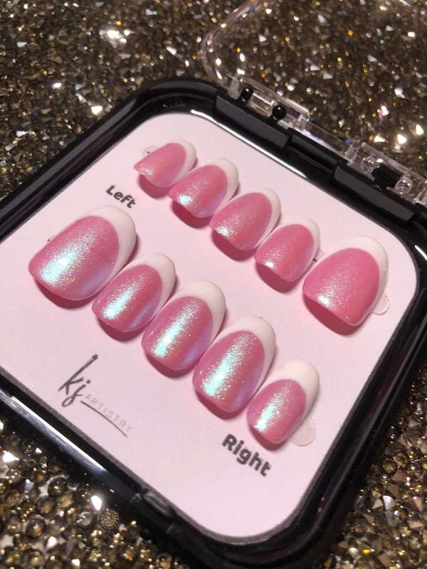 Pearlescent Pink & White French Tip Press-On Nails + Matching Lip Gloss