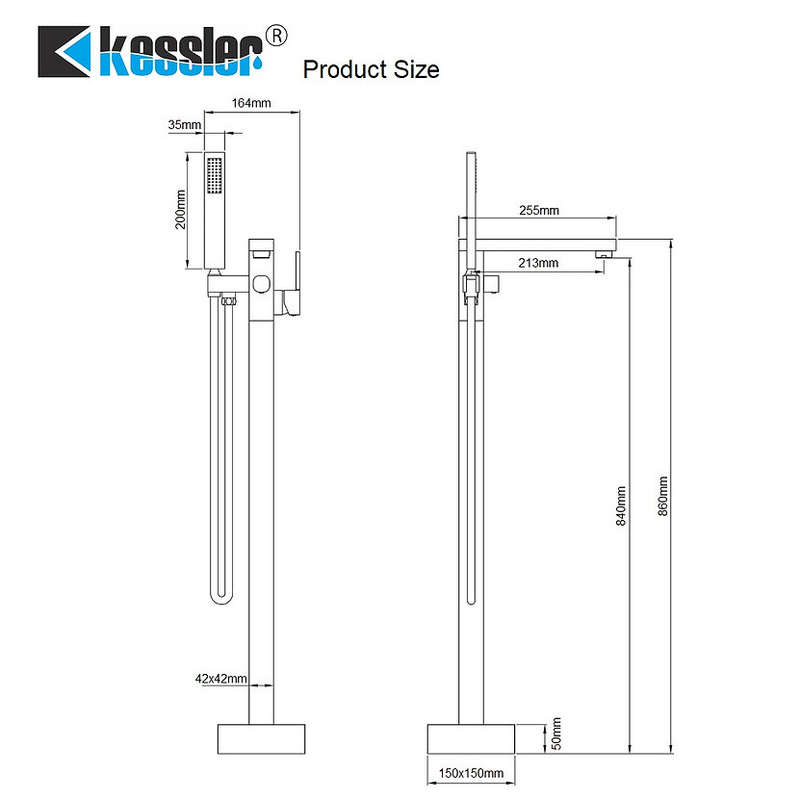 Kessler Free Standing Bath Mixer Tap | Bathroom Faucet Square Chrome | Black |Gold - Different Color