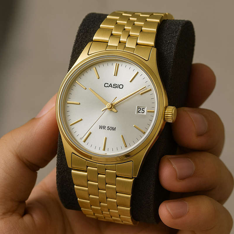 Casio MTP analog gold-tone wristwatch.