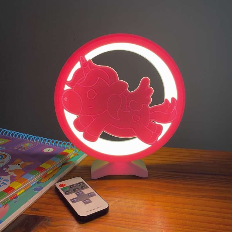 Kids Pink & White 3D Printed Unicorn Night Light / Desk Lamp with RF Remote