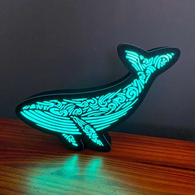 Decorative Mandala Whale Light Box / Kids Night Light with Dimmer Switch - Black and Turquoise