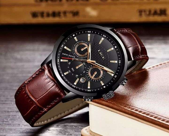 LIGE Luxury Men's Quartz Watch - Elegant Rose Golden Case with Date & Chronograph