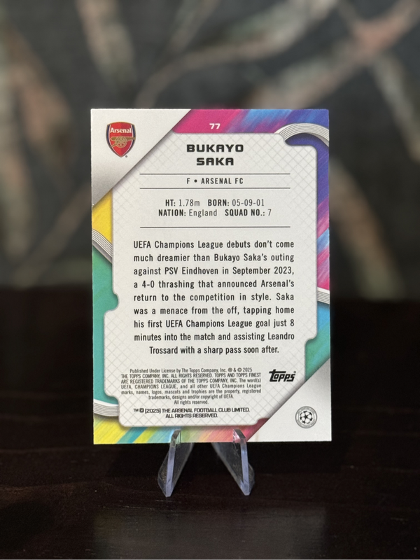 2024-25 Topps Finest - Bukayo Saka Blue Refractor /275 - Arsenal